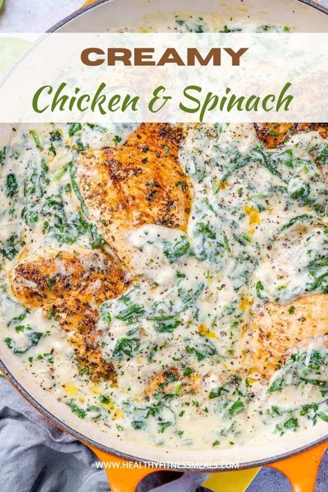 A low-carb Creamy chicken spinach recipe that's easy to make and ready in just 30 minutes. Tender and juicy chicken breasts nestled in a creamy parmesan spinach sauce that's so delicious it will become a weeknight favorite. Spinach Sauce For Chicken, Spinach Recipes Chicken, Chicken Spinach Spaghetti, Chicken And Spinach Recipes Healthy, Low Sodium Chicken Recipes, Chicken And Spinach Recipes, Creamy Chicken Spinach, Juicy Chicken Breast Recipes, Recipes Using Cooked Chicken