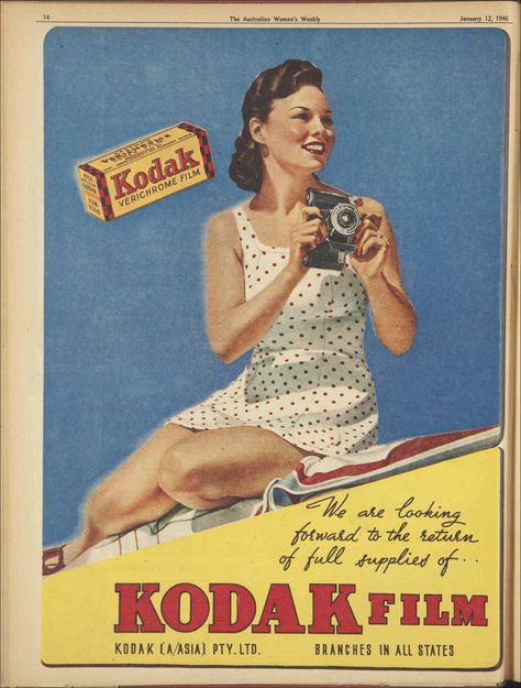 1946 advertisement for Kodak film : Free Download, Borrow, and Streaming : Internet Archive Dorm Pictures, Quote Collage, Retro Logo Design, Mid Century Colors, Kodak Film, Dorm Posters, Film Posters Vintage, Collage Vintage, Retro Ads