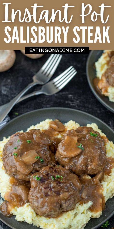 Homemade Instant Pot Salisbury Steak is a delicious recipe that cooks easily in the pressure cooker. Serve over mashed potatoes for a delicious meal. It makes for a quick and easy weeknight dinner. This Instant Pot Salisbury Steak Recipe is a family favorite and loaded with flavor. #eatingonadime #instantpotsalisburysteak #salisburysteak Salisbury Steak Gravy, Instant Pot Salisbury Steak, Pressure Cooker Steak, Best Salisbury Steak Recipe, Salisbury Steak Crockpot, Hamburger Steak And Gravy, Hamburger Gravy, Easy Salisbury Steak, Salisbury Steak Recipe