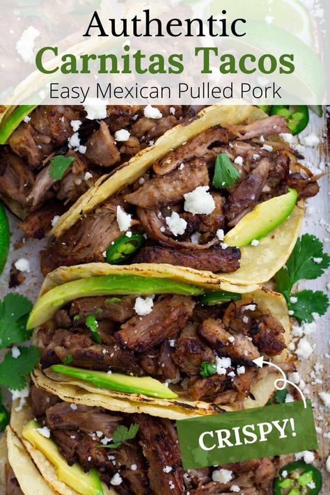 These Pork Carnitas are made EASY and mostly hands-free in the dutch oven! They are seasoned with authentic Mexican flavors, cooked low and slow until fall-apart tender, then popped under a broiler until perfectly crispy and golden. This carnitas meat makes excellent tacos, burritos, bowls, and more. Plus it's an amazing make-ahead and freezer-friendly dinner! Taco Pork Carnitas, Authentic Pork Tacos, Mexican Pork Shoulder Recipes, Pork Shoulder Tacos, Carnitas Oven, Dutch Oven Carnitas, Oven Carnitas, Authentic Carnitas Recipe, Mexican Pulled Pork Tacos