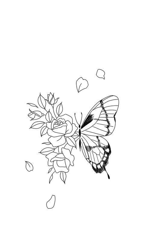 Red Rose Butterfly Tattoo, Fine Line Rose And Butterfly Tattoo, Butterfly With Flower Wings Tattoo, Butterfly Flower Wing Tattoo, Rose With Butterflies Tattoo, Roses And Butterfly Tattoo, Butterfly And Rose Tattoo, Butterfly Drawing Outline, Infinity Drawings