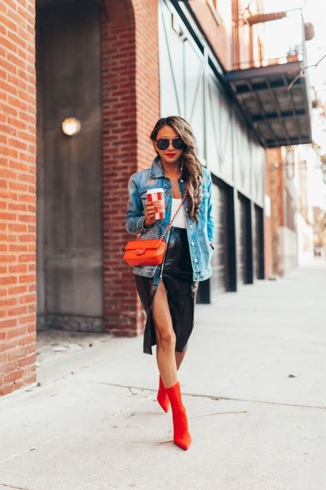 Pattern Boots Outfit, Casual Outfit With Boots, Style Red Jacket, Wearing Jeans To Work, Styling Red Boots Fall Outfits, Rehearsal Dinner Outfit For Guest Casual, Red Inspo Outfit, Style Red Boots, Cute Casual Date Night Outfits