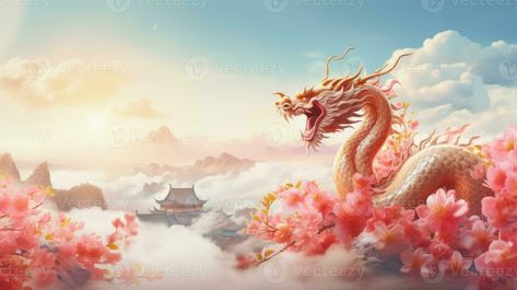 Chinese New Year background with dragon. Illustration AI Generative China Computer Wallpaper, Chinese Aesthetic Wallpaper Desktop, Chinese Dragon Wallpaper Aesthetic, Chinese Background Aesthetic, Dragon Background, Chines New Year, Chinese New Year Wallpaper, Cny 2024, Hd Landscape