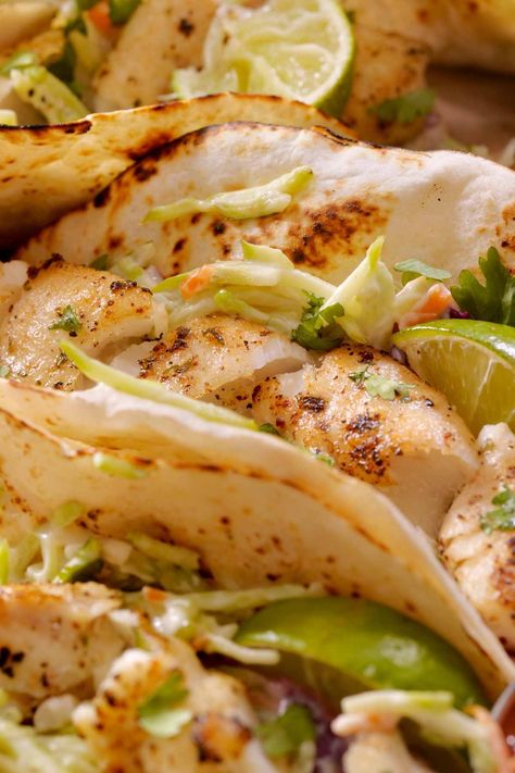 Halibut Fish Tacos - IzzyCooking Halibut Tacos Recipes, Table Tacos, Halibut Fish Tacos, Homemade Taco Sauce, Halibut Tacos, Tacos Fish, Fish Tacos Tilapia, Cod Fish Tacos, Spicy Fish Tacos