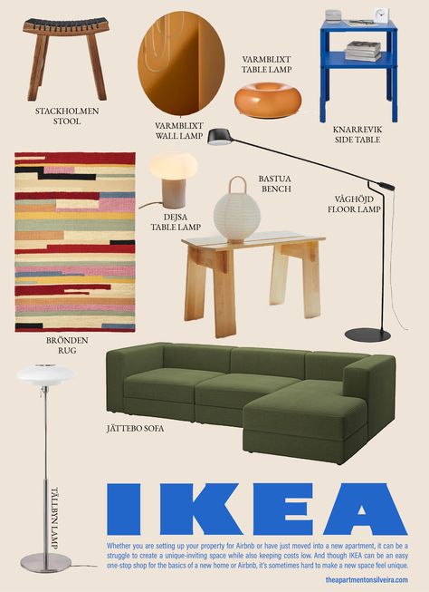 graphic poster of unique IKEA decor items and furniture Ikea Midcentury Hack, Ikea Bauhaus, Baggebo Ikea, Ikea Airbnb, Ikea Knarrevik, Ikea Varmblixt, Bauhaus Apartment, Ikea Omar, Interior Design Ikea