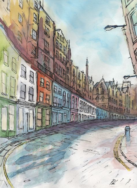 Edinburgh Watercolor Painting, Busy Street Sketch, Busy Street Drawing, Edinburgh Sketch, Edinburgh Watercolor, Urban Sketching Beginner Easy, Edinburgh Drawing, Magic Drawings, Street Scape