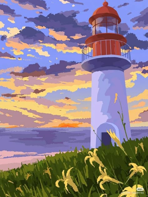 Scenery Illustration Simple, Dreamy Drawing, Lighthouse Painting, Scenery Paintings, Gouache Art, Arte Sketchbook, Landscape Drawings, Aesthetic Painting, Landscape Illustration