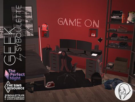 The Sims Resource - The Perfect Night - Geek set Sims 4 Gaming Chair Cc, Male Room Decor, Sims 4 Cheats, Sims 4 Traits, Sims 4 Bedroom, Cc Furniture, Manly Decor, Sims 4 Game Mods, Sims 4 Expansions