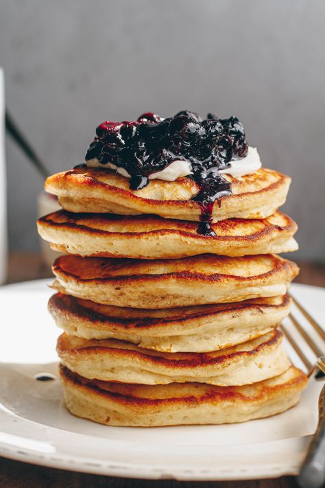 Fluffy Honey Butter Pancakes with Blueberry Compote Vegan Honey Butter, Honey Pancakes, Vegan Honey, Vegan Banana Pancakes, Butter Pancakes, Vegan French Toast, Infused Butter, Blueberry Compote, Summer Breakfast