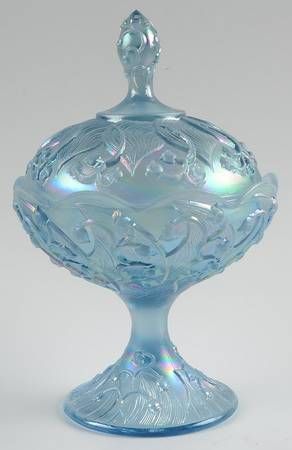 Fenton, Lily of the Valley Misty Blue Satin (Iridescent) | Replacements, Ltd. Blue Carnival Glass, Coastal House, Crystal Glasses, Iridescent Crystal, Glass Candy Dish, Fenton Glass, Glass Candy, Tableware Accessories, Carnival Glass