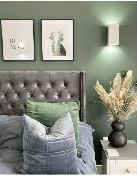 Sage Grey Beige Bedroom, Grey Beige And Green Bedroom, Grey Headboard Green Walls, Grey And Green Bedroom Ideas Accent Wall, Green Grey And Gold Bedroom, Sage And Grey Bedroom Ideas, Green Brown Grey Bedroom, Grey Bed Green Wall, Grey Bedroom With Green Accents