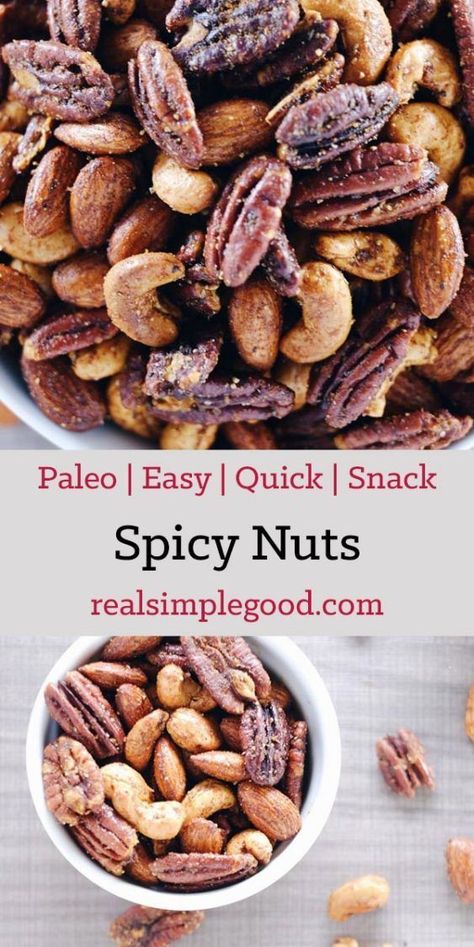 These spicy nuts are a Paleo friendly way to enjoy mixed nuts for a snack. They are roasted in healthy fats with a simple blend of spices and seasonings. Paleo, Gluten-Free + Sugar-Free. | realsimplegood.com Easy Homemade Snacks, Spicy Nuts, Whole 30 Snacks, Snack Mix Recipes, Nut Recipes, Roasted Nuts, Quick Snack, Paleo Snacks, Easy Paleo