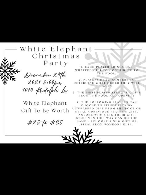 The perfect timeless invitation for the holiday season. Easily send through text or email or get printed to send out in the mail. White Elephant parties are always a blast, but there is always a few people who don't quite know how to play. Send your custom invite with the game directions on it and you are covered before the fun begins. A great way to get everyone together and not having to purchase gifts for every person you know. White Elephant Christmas Party, Elephant Invitations, White Elephant Christmas, Christmas Party Invitations Printable, Elephant Christmas, White Elephant Party, Christmas Party Invitation, Christmas Party Invitations, Invitation Printable