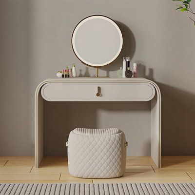 Embrace a life of elegance with our sleek and luxurious vanity table. Boasting ample storage and sleek design, it's the perfect blend of simplicity and sophistication. Scratch-resistant, water-proof, and easy to clean, it's a must-have for your beauty routine. With its adjustable mirror and rounded edges, it not only enhances your beauty but also ensures your safety | Everly Quinn 31.5"Solid wood light khaki vanity w/ LED mirror and stool Brown | C110645257 | Wayfair Canada Vanity With Led Mirror, Luxurious Vanity, Luxury Vanity, Minimalist Vanity, Small Dressing Table, Bedroom Makeup Vanity, Mirror Stool, Small Vanity, Bedroom Vanity