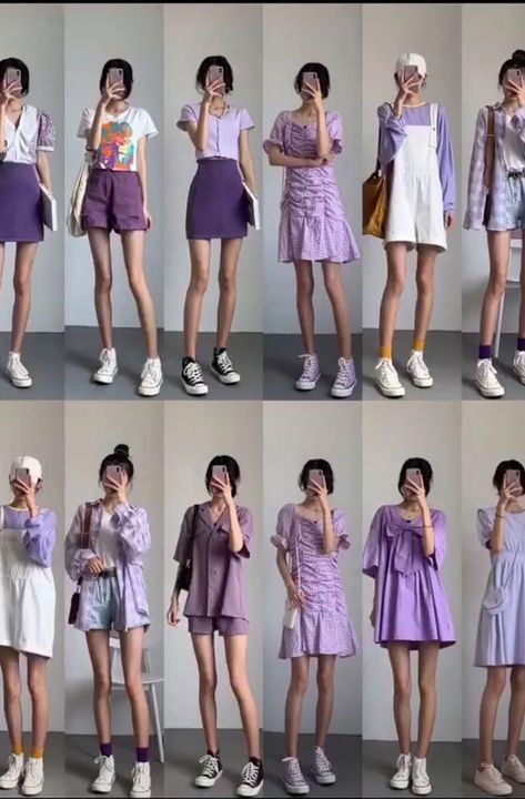 Korean Fashion For Petite Women, Pastel Korean Outfits, Purple Outfit Ideas Casual, Lilac Outfit Ideas, Japanese Fashion Women Casual, Purple Fashion Outfit, Japanese Fashion Women, Simple Style Outfits, Pink Gloves