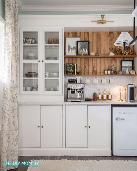 How I Created My Dream DIY Coffee Bar with an Epic IKEA Hack | The DIY Mommy Ikea Diy Coffee Bar, Ikea Coffee Bar Ideas, Ikea Coffee Bar Hack, Diy Kitchen Hutch, Coffee Bar Built In, Ikea Bar Cabinet, Mini Fridge Bar, Built In Bar Cabinet, Built In Coffee Bar