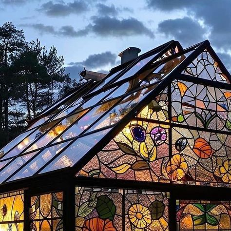 All Glass Greenhouse, Greenhouse Stained Glass Windows, Stained Glass Houses, Stained Glass Greenhouse, Colorful Greenhouse, Swamp Magic, Contemporary Greenhouses, Old Window Greenhouse, Charming Interior