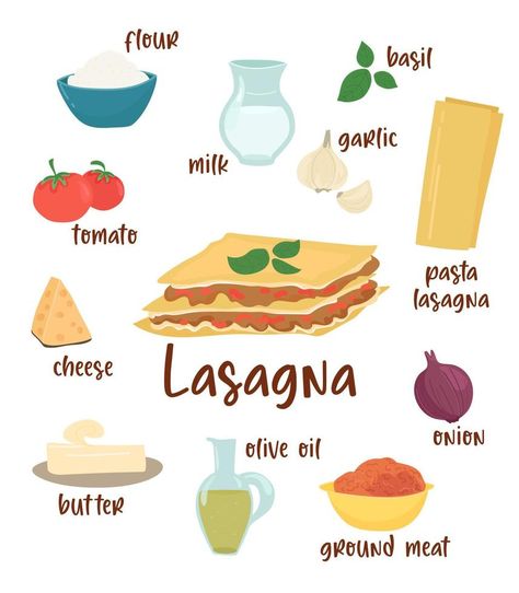 Lasagna. Illustration of Italian lasagna recipe and ingredients. Vector illustration for menu, cookbooks, instagram. Lasagna Packaging, Lasagna Drawing, Lasagna Illustration, Italian Lasagna Recipe, Italian Lasagna, Olive Oil Butter, Fancy Appetizers, Lasagne Recipes, Recipe Drawing