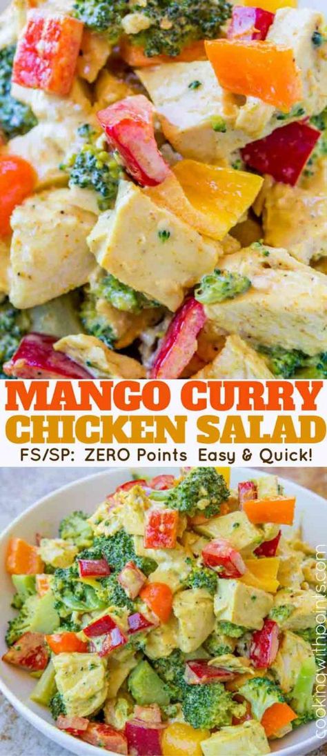 Mango Curry Chicken Salad made with a curried greek yogurt dressing is a ZERO point salad you'll want for lunch every day and its fuss free since it's served cold. Mango Curry Chicken, Ww Lunches, Slimmingworld Recipes, Light Eating, Curry Chicken Salad, Greek Yogurt Dressing, Recipes Using Bananas, Mango Curry, Salads Recipes