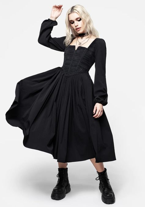 Dress With Corset, Corset Midi Dress, Midi Length Skirts, Fall Skirts, Corset Style, Fitted Bodice, Simple Dresses, Black Long Sleeve, Solid Black