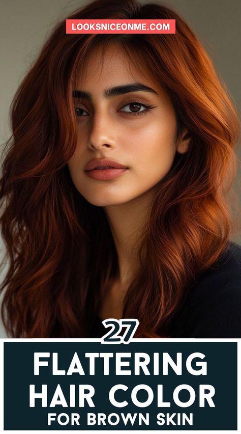 Ready for a new look? Explore Hair Color Ideas for Brown Skin with shades like rich burgundy, soft auburn, and honey brown that elevate your style and let your personality shine. #HairColorInspo #GorgeousGlow Red Hair Olive Skin Tone Brown Eyes, Best Hair Color For Red Undertone Skin, Red Hair For Tan Skin Tone, Burgundy Hair On Brown Skin, Auburn Hair On Brown Skin, Hair Color For Brown Skin Latina, Brown Skin Hair Color Ideas, Medium Olive Skin, Reddish Brown Hair Color