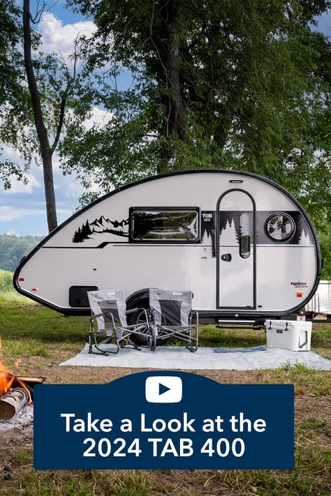 The TAB 400 is our largest and most spacious teardrop trailer. With the optional hidden bunk, the TAB 400 is the perfect towable trailer for small families. This model features a kitchenette, a designated sleeping area, a spacious wet bath, and a comfortable dinette that converts into a bunk or a secondary sleeping area. Tab Camper Teardrop Trailer, Tab 400 Trailer Interior, Cosy Camping, Tab Trailer, Teardrop Trailer Camping, Airstream Living, Wet Bath, Trailer Camping, Tiny Trailers