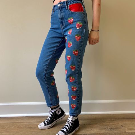 Mushroom Jeans Paint, Strawberry Painted Jeans, Strawberry Jeans, Fitted Strawberry Print Bottoms For Summer, Hand Painted Straight Leg Cotton Jeans, Strawberry Pants, Bella Aesthetic, Painted Overalls, Painted Strawberry