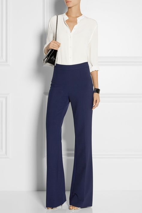 Jimmy Choo Sandals, Office Wardrobe, Blue Clothing, Basic Wardrobe, Flared Pants, Blue Outfit, Wardrobe Basics, Tailored Trousers, Pants Straight