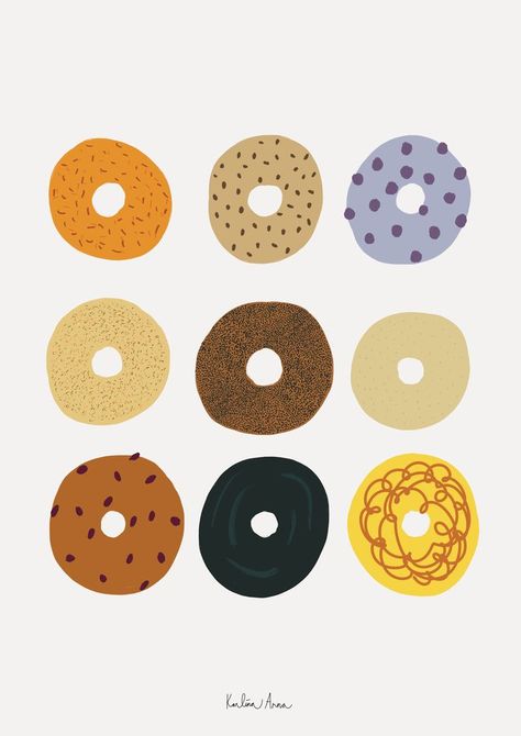 Donut Illustration Design, Everything Bagel Illustration, Bagel Wallpaper, Modern Food Illustration, Bagel Graphic Design, Bagel Doodle, Baking Art Illustration, Snack Illustration, Bagel Poster