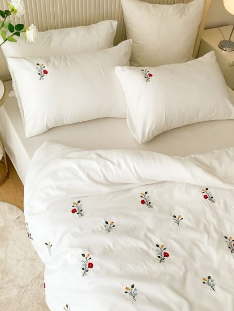 Floral Embroidered Duvet Cover Set Without Filler | SHEIN Bedsheet Designs Embroidery, Bedsheet Design, Bedsheet Embroidery, Bedsheet Embroidery Design, Bedsheet Embroidery Design Handmade, Bed Sheet Embroidery Design, Bed Sheet, Draps Design, Embroidered Sheets