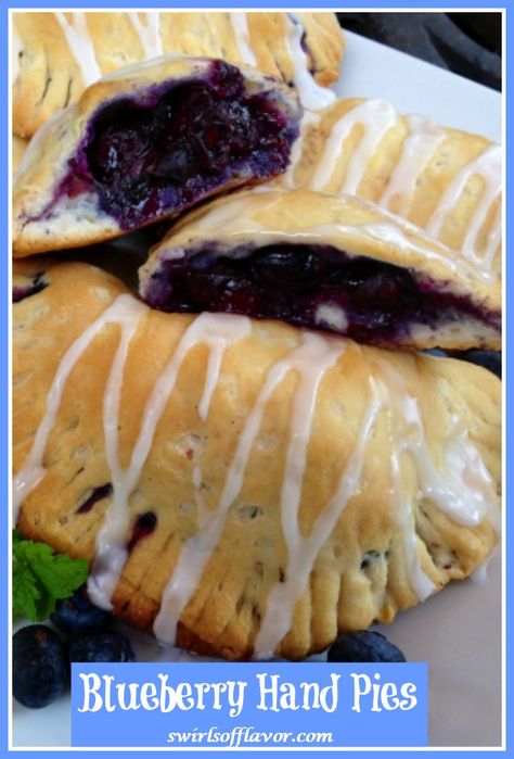 Glazed Blueberry Hand Pies are a fun and easy way to have your blueberry pie on the go. Blueberry pie filling bakes inside store bought refrigerated buttermilk biscuits. Warm mini blueberry pies are finished with a sugar glaze for a homemade blueberry hot pocket!  #blueberry #pie #homemade #baking #refrigeratedbiscuits #swirlsofflavor Ways To Use Blueberry Pie Filling, Cinnamon Bun Bread, Peach Fritters, Blueberry Hand Pies, Mini Blueberry Pies, Blueberry Pies, Pie Pockets, Bun Bread, Pie Homemade