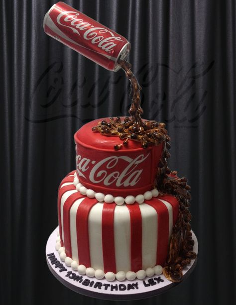 Coca Cola Cake Used a coke can to appear it was being poured onto cake. I actually airbrushed brown forst, then some black, to give a more... Coke Cake, Torte Creative, Coca Cola Cake, Nursing Cake, Cola Cake, Gravity Defying Cake, Gravity Cake, Torte Cupcake, Cake Central