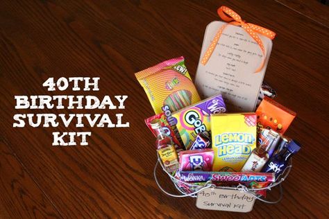 40th Birthday Survival Kit, Birthday Survival Kit, 40th Birthday Themes, 40th Birthday For Women, Survival Kit Gifts, Birthday Basket, Gift Baskets For Women, Clever Gift, Birthday Gift Baskets