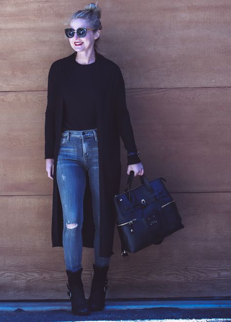 Casual Outfit Ideas for Stay at Home Moms | Erin Busbee, Busbee Style Black Duster Sweater Outfits, Black Sweater Cardigan Outfit, Long Black Sweater Cardigan Outfits, How To Style Long Black Cardigan, Long Black Cardigan Outfit Work, Black Cardigan Outfit Winter, Black Cardigan Sweater Outfit, Long Black Cardigan Outfit Winter, Black Duster Cardigan Outfit