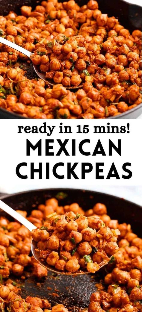 Mexican Chickpeas is an all-purpose recipe for filling tacos, topping salads, wrapping in lettuce, layering over nachos or making a vegetarian burrito bowl. Reader-beloved recipe - ready in under 15 minutes! Chickpea Burrito Recipes, Chickpea Burrito Bowl, Meatless Taco Bowl, Chickpea Taco Salad, Chic Pea Tacos, Chickpea Taco Bowl, Mexican Chickpea Salad, Mexican Chickpea Recipes, Chick Peas And Rice Recipes