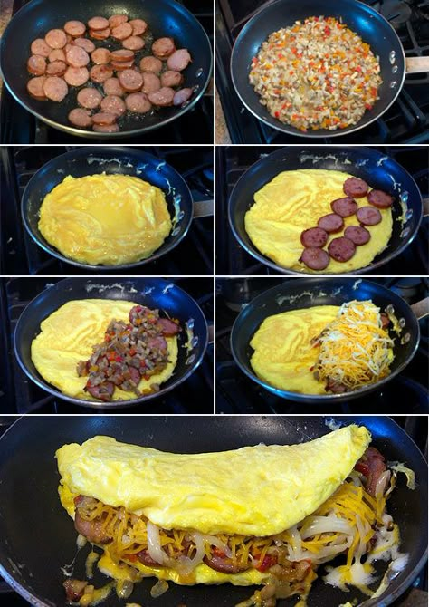 Hot Dog Omelette, Meat Omelette Recipe, How To Make An Omelette, Stuffed Omelette, Omelette Ideas, Omlet Recipes, Omelette Recipe Easy, Breakfast Platter, Omelette Recipe