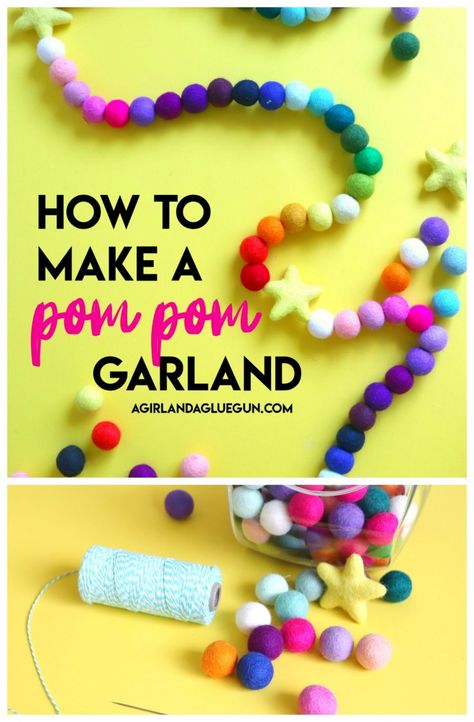 How to make a pom pom garland - A girl and a glue gun #howto #pompom #garland #diylife Diy Felt Garland, Pompom Garland, Christmas Room Decor Diy, Felting Diy, Pom Crafts, How To Make A Pom Pom, Diy Pom Pom, Pom Garland, Pom Pom Crafts