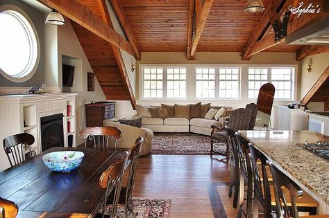 Perfect open flow and nice materials; love range in the granite, three windows in back and the wood ceiling. Barn Loft Apartment, Above Garage Apartment, Barn With Living Quarters, Barn Apartment, Barn Loft, Garage Loft, Building A Barn Door, In-law Apartment, Barn Living