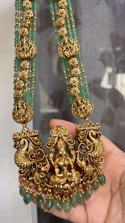 Beaded Temple Lakshmi Long Necklace From 'Kruthika Jewellery' • South India Jewels South Temple Jewellery, Temple Jewellery Pendants, Temple Jewellery Designs, God Bharai, Antic Jewellery, 4 Necklace, Temple Necklace, Emerald Jewellery, Jewelry Hacks