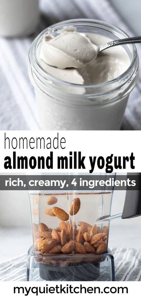 Almond milk yogurt tastes amazing and is easy to make at home with or without an Instant Pot. All you need are 4 ingredients and a few minutes of hands-on time. Then let it culture overnight, and wake up to perfectly tangy, healthy homemade yogurt. Almond Milk Yogurt Recipe, Homemade Almond Milk Yogurt, Dairy Free Yogurt Recipe, Vegan Yogurt Recipe, Deserturi Raw Vegan, Homemade Nut Milk, Yoghurt Recipe, Almond Milk Yogurt, Almond Yogurt