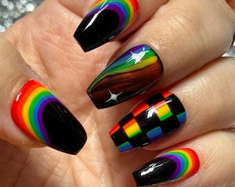 Goth Pride Nail, Pride Month Nails 2024, Rainbow Checkered Nails, Rainbow Nail Design, Bright Nails Designs, Black Rainbow Nails, Easy Acrylic Nail Designs, Black Light Nails, 80’s Nails