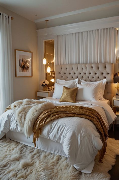 White Gold Bedroom Decor, Bedroom Inspirations White, Cream And Gold Bedroom, White And Gold Bedding, White Gold Bedroom, Guest Bedrooms Decor, Beautiful Bedroom Inspiration, Gold Bedroom Ideas, Glamorous Bedroom