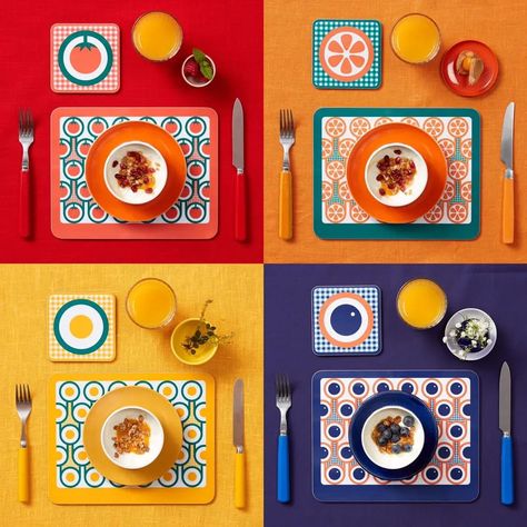 Paper Origami Diy, Colorful Tablescapes, Modern Placemats, Coaster Sets, Fried Eggs, Textile Pattern Design, English Breakfast, Table Placemats, Jam Jar