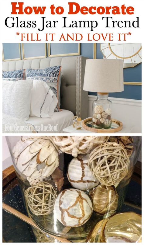 How to decorate with a Glass Jar Lamp / fill it and love it! @4gens1roof. Navy blue + gold master bedroom makeover decorating tips. Glass Lamp Base Filler Ideas, Clear Lamp Base Filled Ideas, Glass Lamp Filler Ideas, Lamp Filler Ideas, Fillable Lamp Ideas, Glass Jar Lamps, Fillable Lamp, Decorate Glass Jars, Mountain Condo