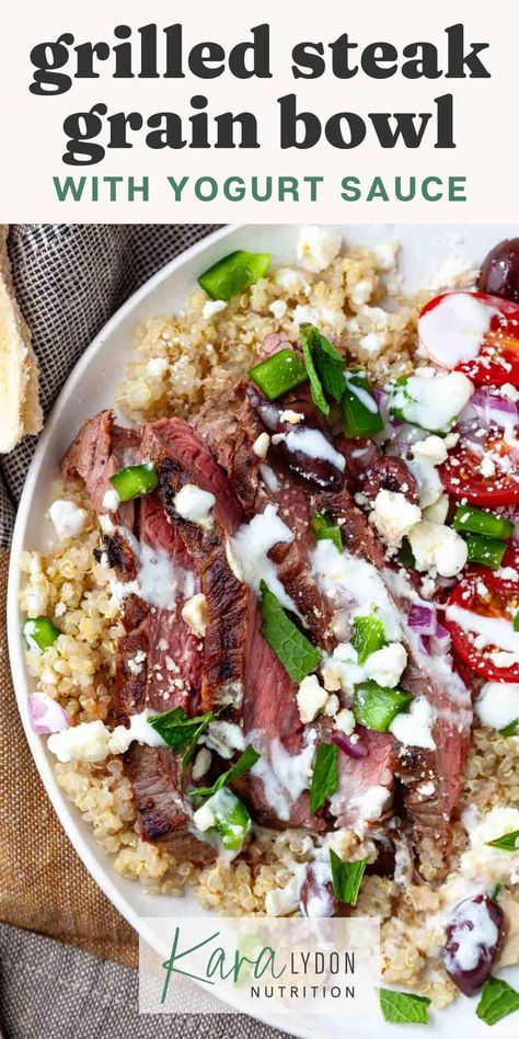 Ready in just 30 minutes, these Mediterranean quinoa bowls with grilled steak are filled with quinoa, tomatoes and bell pepper, feta, olives, and topped with slices of juicy grilled steak. And to top it all off: a creamy herb yogurt sauce. It's the perfect healthy weeknight meal for the whole family - everybody can customize and build their own steak bowl! Luna Grill Santorini Bowl Recipe, Steak Quinoa Bowl, Herb Yogurt Sauce, Mediterranean Steak, Steak Bowl, Mediterranean Bowls, Mediterranean Quinoa, Quinoa Bowls, Healthy Weeknight Meals