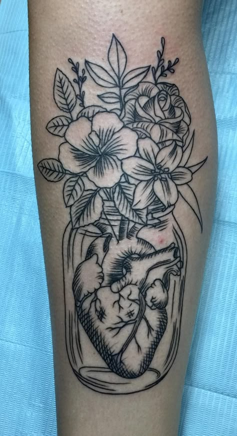 Heart in a jar by Matt Skin at Full Moon Tattoo in Augusta GA. Anatomical Heart Vase Tattoo, Heart In A Jar Tattoo, Jar Of Hearts Tattoo, Heart Warrior Tattoo, Heart On My Sleeve Tattoo, Heart On Sleeve Tattoo, Heart Flower Tattoo, Full Moon Tattoo, Anatomy Tattoo