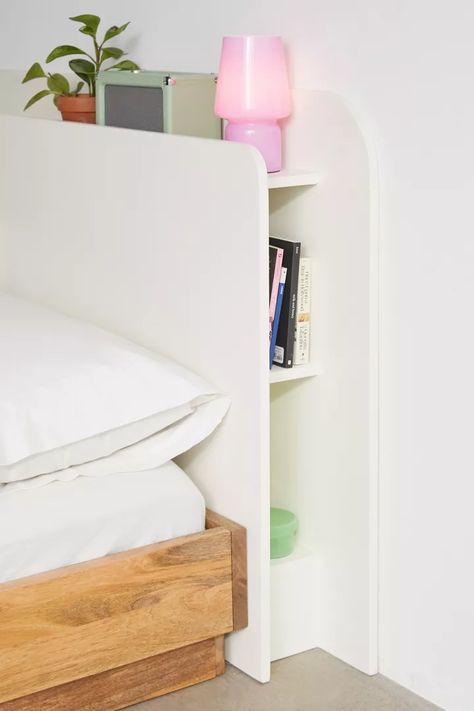 Bed Frames + Headboards | Urban Outfitters Tiny House Bed, Headboard Crafts, Built In Cubbies, Headboard Bed Frame, Diy Bed Headboard, Diy Bunk Bed, Bookshelf Headboard, Bed In Corner, Headboard Bed