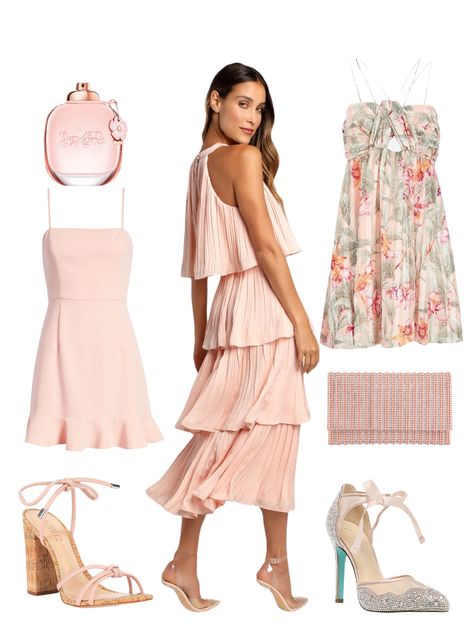 Romantic style 
Preppy styles
Wedding guest dresses 
Cocktail outfit Pale Pink Dress Outfit, Blush Outfit Ideas, Blush Colored Dress, Blush Outfit, Pink Dress Outfits, Outfit Ideas For Spring, Blush Pink Dress, Ruffle Dresses, Pale Pink Dress