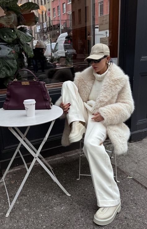 White Faux Fur Coat Outfit, Denim Jeans Outfit Casual, Winter Coat Style, White Denim Jeans Outfit, Fur Coat Style, Chic Winter Fashion, Fur Coat Outfits, Faux Fur Coats Outfit, Fur Jacket Outfit