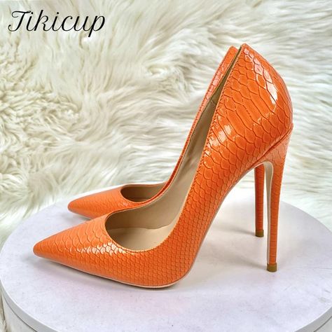 Tikicup Shiny Orange Crocodile Effect Women Pointy Toe High Heel Shoes For Party Gorgeous Dress Stiletto Pumps Plus Size 44 45 - Pumps - AliExpress High Heel Shoes Elegant, Shoes For Party, Low Heel Flats, Cute Shoes Heels, Floral Heels, Stiletto Pumps, Heel Shoes, Cute Shoes, Low Heels